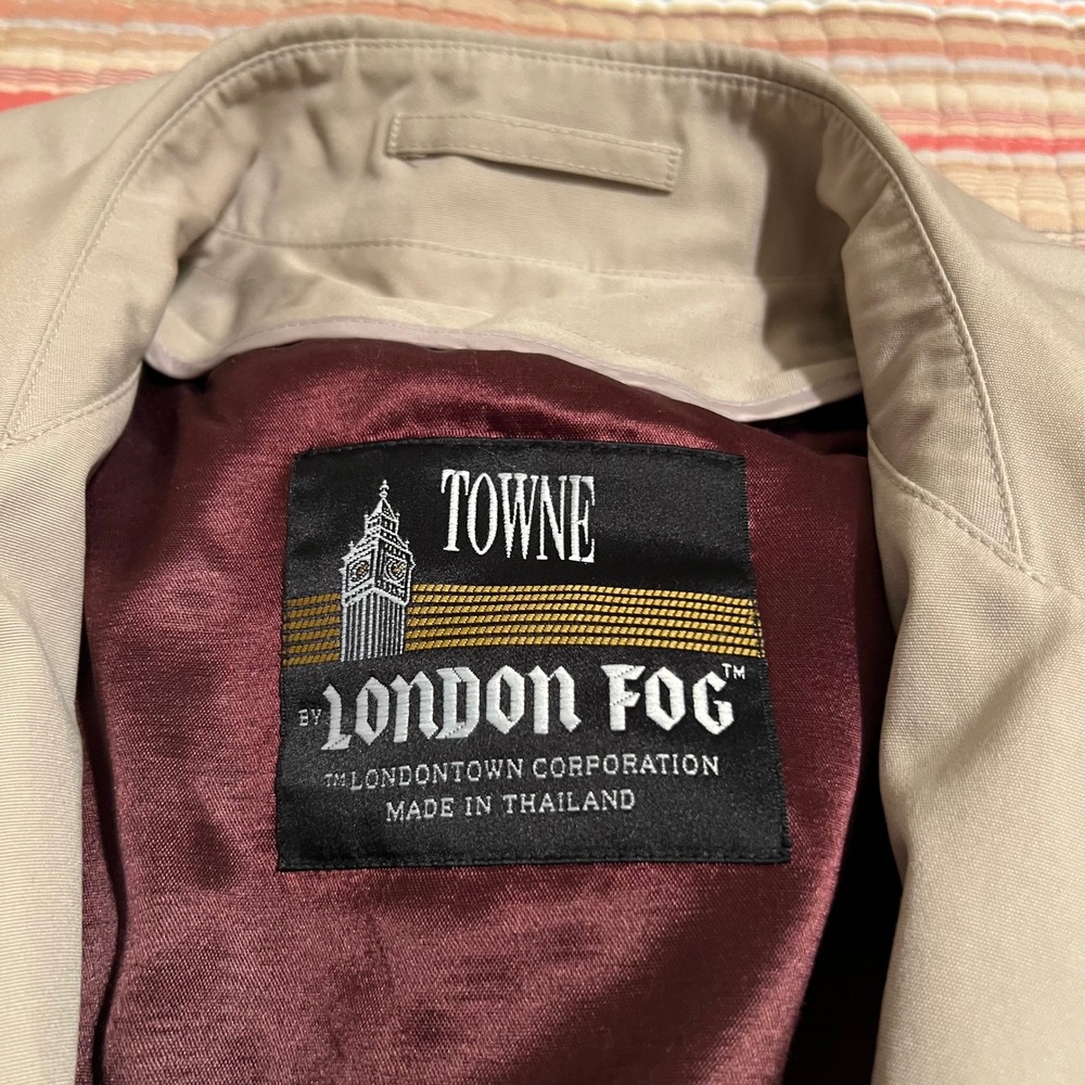 London Fog Towne Mens Trench Coat Beige Long Removable Liner Size 42 LNG